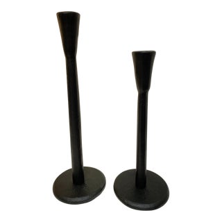 Set of Two Black Iron Candle Holders For Sale