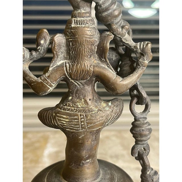 Metal Antique Bronze Ganesha Temple Hanging Bell 10" 5lbs+ w/ Custom 24" Brass Chain For Sale - Image 7 of 10