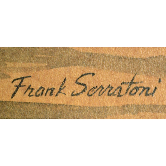 Green "Sunday Service", Mid-Cent Figurative Village Scene With Church, Frank Serratoni For Sale - Image 8 of 9