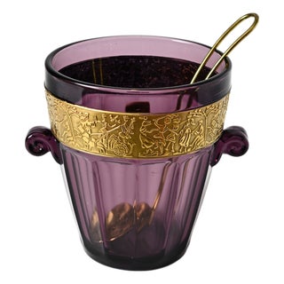 Gold Frieze Amethyst Glass Ice Bucket with Ladle from Walther, 1950s, Set of 2 For Sale