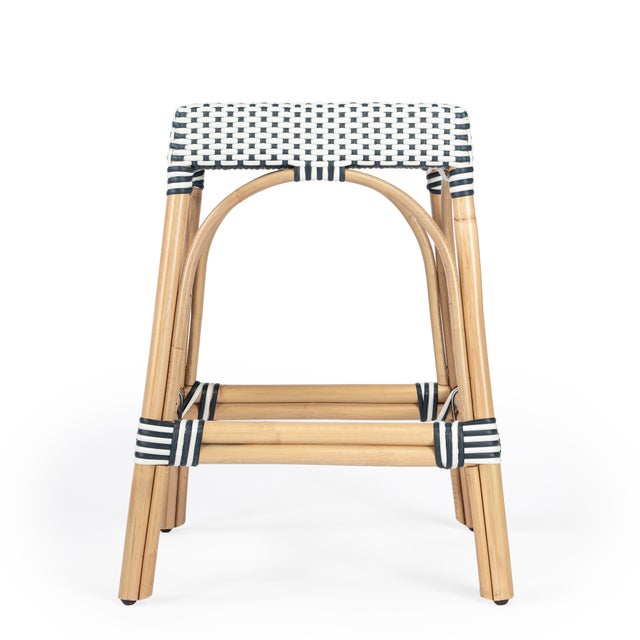 2020s Robias 24.5 in. Seat Height Rectangular Rattan Backless Counter Stool with Footrest, White/Navy Dot / Natural Rattan Frame For Sale - Image 5 of 9
