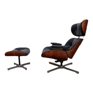 1970s Mid Century Black Leather Selig Chair and Ottoman For Sale