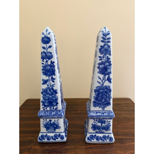 Ceramic Neoclassical French Country Porcelain Blue and White Obelisks, Pair For Sale - Image 7 of 8