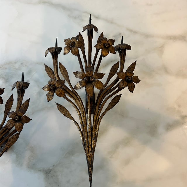 Traditional Antique Cold Gilded Candle Prick Floral Wall Sconces- A Pair For Sale - Image 3 of 11