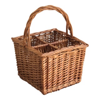 Vintage French Style Four Bottle Wicker Wine Carrier Basket For Sale