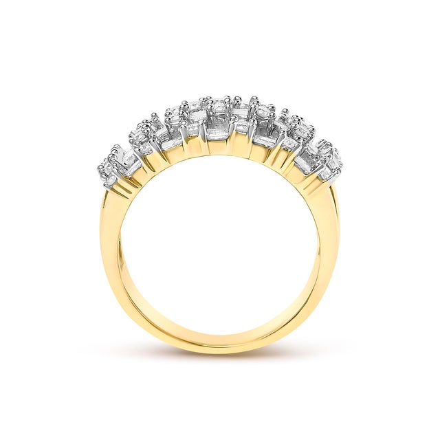 14K Yellow Gold 1.0 Cttw Round and Baguette Diamond Multi-Row Band Ring, Size 7 For Sale In New York - Image 6 of 6