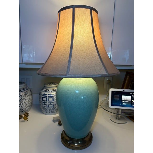 Vintage Crackle Celadon Porcelain Lamps With Brass Base & Silk Shades – A Pair For Sale - Image 15 of 16