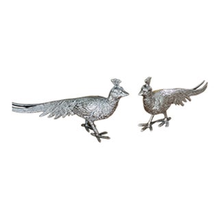 Pair of Antique French Silvered Metal Pheasant Figurines, Petite Decorative Game Birds For Sale