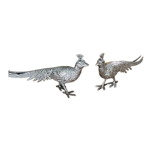 Pair of Antique French Silvered Metal Pheasant Figurines, Petite Decorative Game Birds For Sale