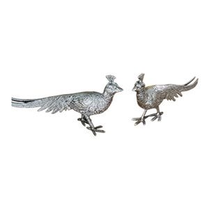 Pair of Antique French Silvered Metal Pheasant Figurines, Petite Decorative Game Birds