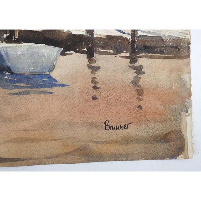Vintage mid 20th century watercolor on paper painting of boats in harbor on a misty morning. Signed Brunner lower right...