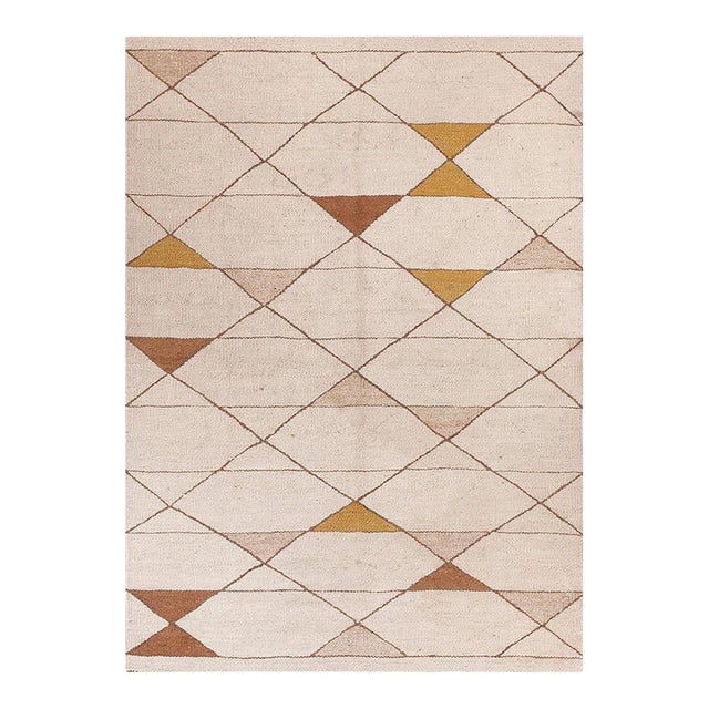 1930s Ivory Geometric Minimalist Antique French Deco Flat-Weave Rug 4' 9" X 6' 8" Wool Carpet For Sale