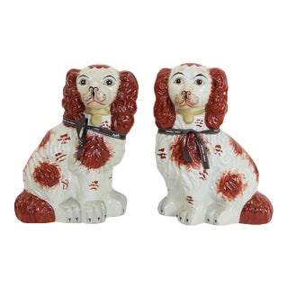 Pair of Mid 20th Century Porcelain Staffordshire Spotted Spaniels For Sale