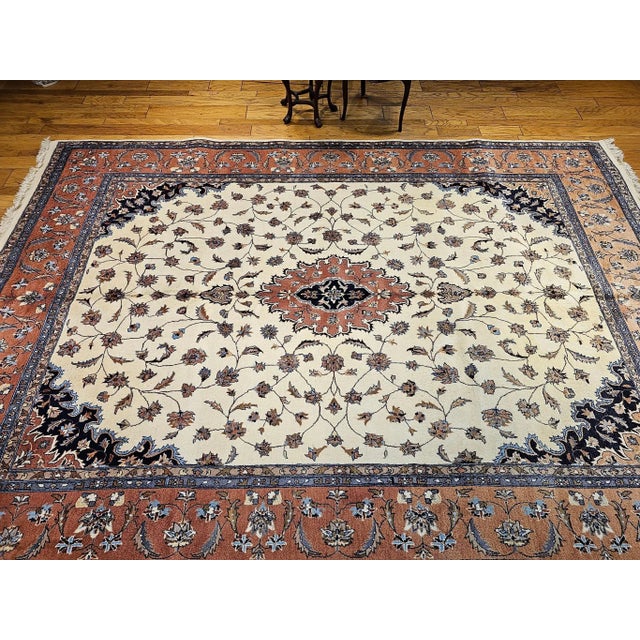 French Country Vintage Tabriz Design Rug, Handwoven Wool, Floral Medallion Pattern, Ivory and Terracotta, 9’ X 13’ For Sale - Image 3 of 12