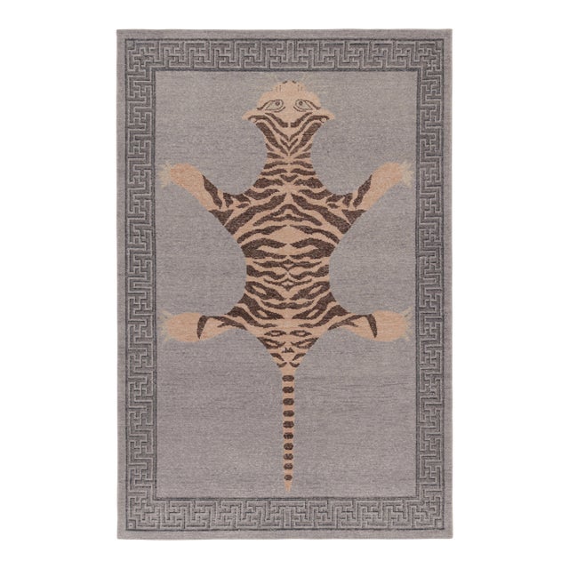 Rug & Kilim’s Distressed Tiger Rug in Gray With Beige and Chocolate Pictorial For Sale