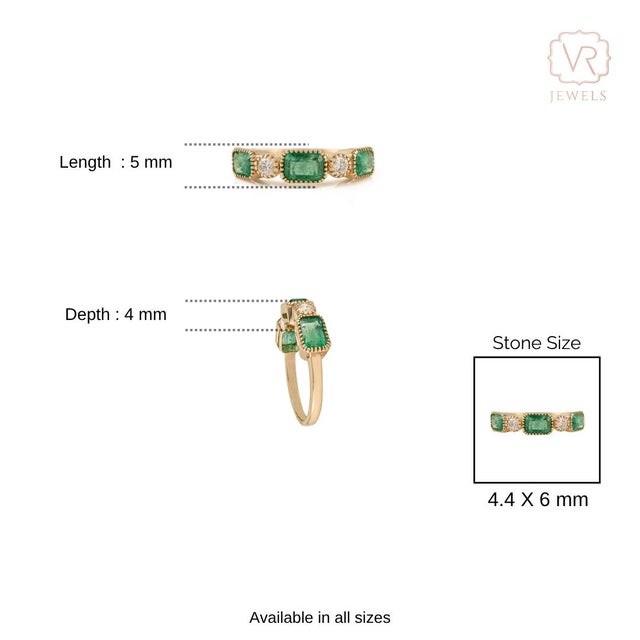 Pinion Bezel Set 2.07 Ct Zambian Emerald Three Stone Diamond Wedding Band Size 6 For Sale - Image 9 of 16