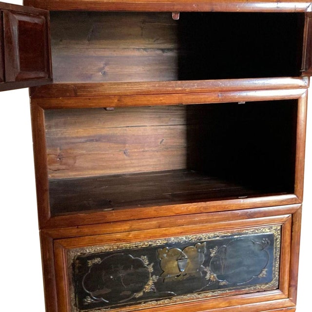 Brown Vintage Asian Chinoiserie Lacquered Wood Tall Cabinet With Brass Decorative Panels For Sale - Image 8 of 8