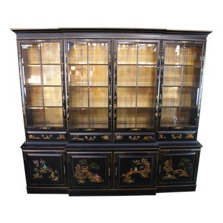 Mid 20th Century Union National Lacquered Chinoiserie Breakfront China Display Curio Cabinet 90", Attributed For Sale