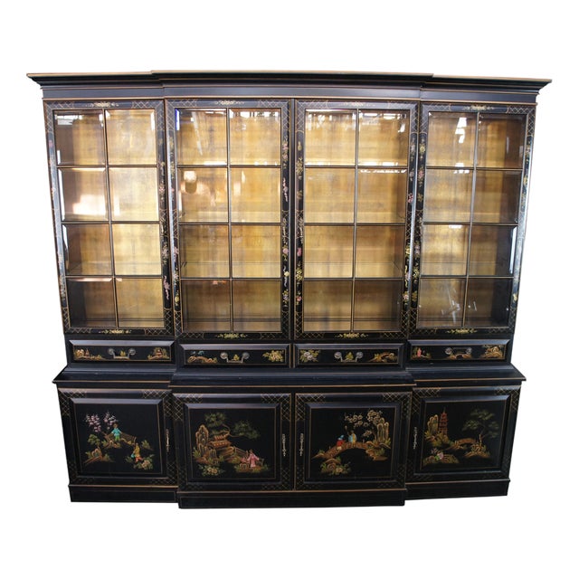 Mid 20th Century Union National Lacquered Chinoiserie Breakfront China Display Curio Cabinet 90", Attributed For Sale