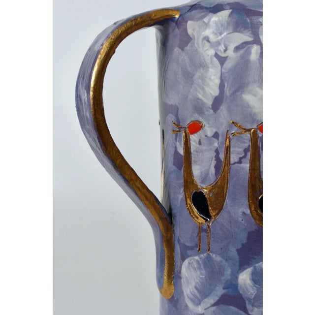 Ceramic 1950s Aldo Londi for Bitossi Gilt Birds Glazed Pottery Handled Pitcher - Vase For Sale - Image 7 of 12