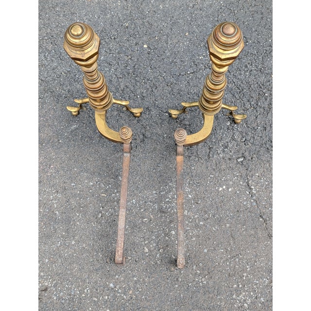 Early 20th Century Vintage Heavy Brass Beehive Style Andirons - A Pair For Sale - Image 5 of 7