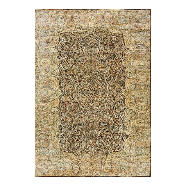 1930s Classic Blue Navy Antique Flowers Kirman Formal Knotted Wool Carpet Rug For Sale