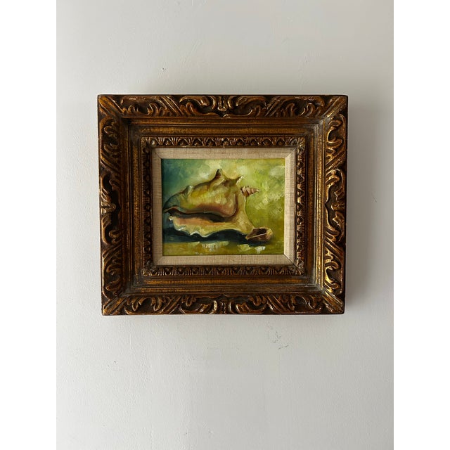 Green Vintage Still Life Conch Oil Painting in Hand Made Frame For Sale - Image 8 of 11