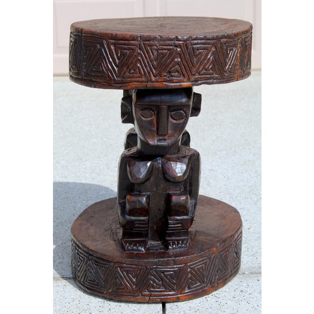 African Vintage Hand-Carved African Man & Woman Figural Stool – 20.5” H X 15.75” W Sculptural Tribal Side Table With Geometric Carving For Sale - Image 3 of 17