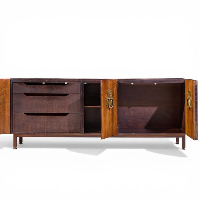 Wood Bert England for the John Widdicomb Orientation Group Mid Century Walnut and Brass Credenza For Sale - Image 7 of 13