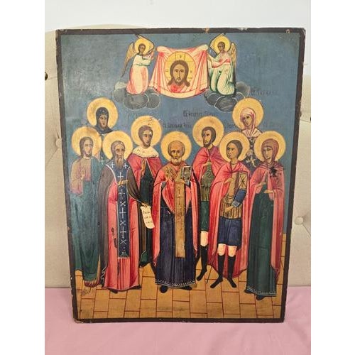 Presenting a magnificent 19th-century Orthodox icon depicting The Convention of Saints. This piece is painted in tempera...