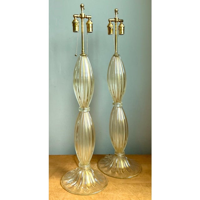 Mid-Century Modern Vintage Ribbed Murano Glass Table Lamps - Pair For Sale - Image 3 of 18