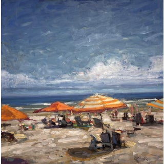 Beaches 10 by Jim Beckner | Oil on canvas Beach scene with orange umbrellas and ocean view. For Sale