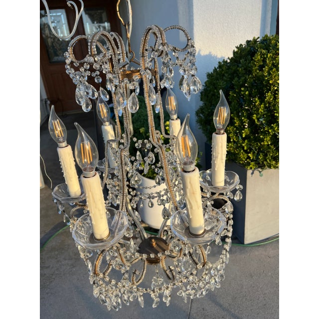 French Country Vintage Macaroni Beaded Arm Crystal Birdcage Chandelier For Sale - Image 3 of 7