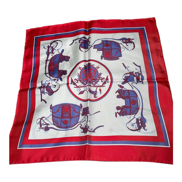 Vintage Hermès Paris 100% Silk Scarf 16x16 Red Blue Carriage Equestrian For Sale