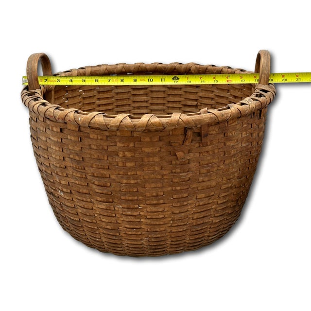 Outstanding Large Size Antique American Hand Woven Ash Wood Splint Maine Apple Farm Harvest Basket For Sale - Image 17 of 18