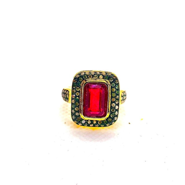 Bochic “Capri” Vintage Natural Ruby & Natural Diamonds Vintage Retro Ring Set In 18K Gold & Silver Natural Emerlad Shape...