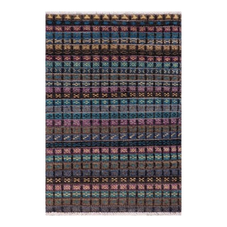 Rustic Abstract Black/Blue High Low Wool Rug - 2'11'' X 5'2'' For Sale