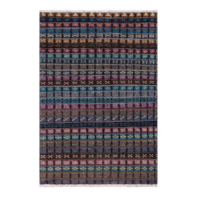 Rustic Abstract Black/Blue High Low Wool Rug - 2'11'' X 5'2'' For Sale