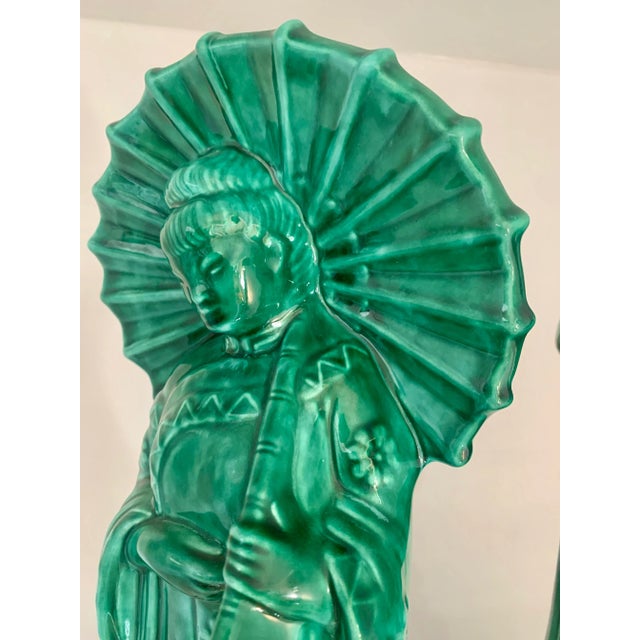 Green Mid-Century Large Ceramic Chinoiserie Figurines - A Pair For Sale - Image 8 of 8