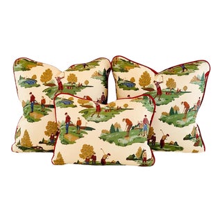 P Kaufmann Printworks Burgundy-Red Blue Green Tan Golf Country Club Toile Pillow Covers- 3 Pc Set For Sale