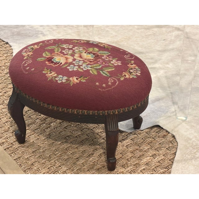 Cabin Antique Needlepoint Footstool For Sale - Image 3 of 16