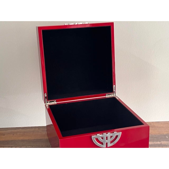 Paint Asian Inspired Red Lacquer Box With Silver Tone Accent For Sale - Image 7 of 8