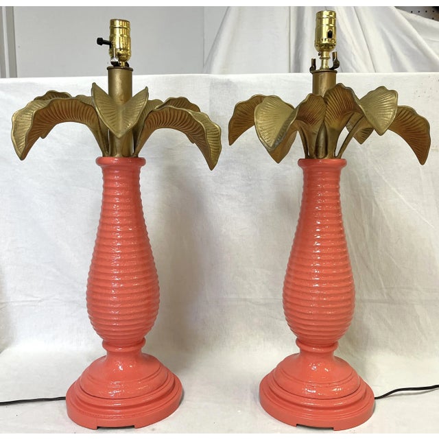 Hollywood Regency Vintage Goldtone and Coral Grand Palm Tree Lamps- a Pair For Sale - Image 3 of 12