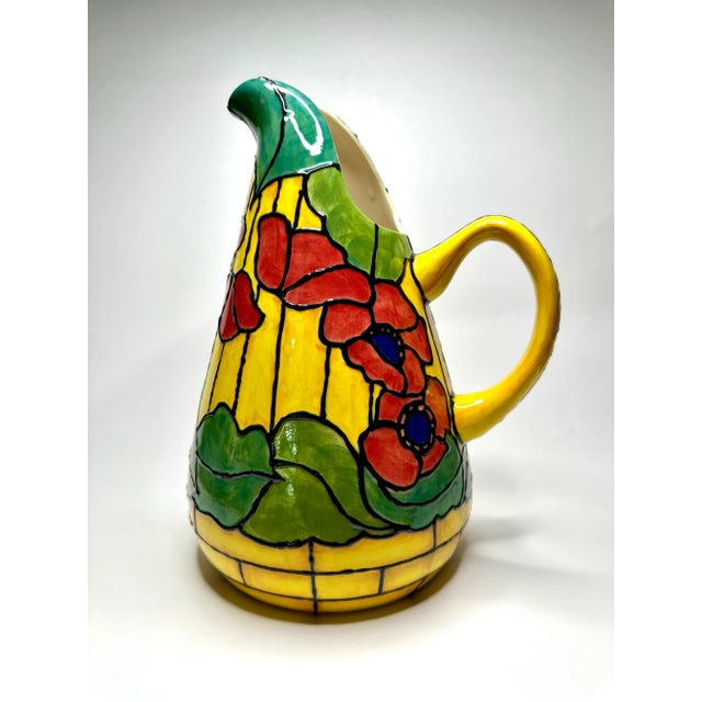 Vintage Art Nouveau Tiffany Style "Poppy Flowers" Painted Ceramic Pitcher, Yellow, Red, and Navy Blue For Sale In Houston - Image 6 of 11