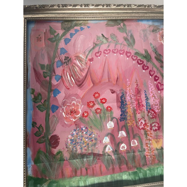 1970s 1970s Abstract Modern Naive Mix D Media Painting Magic Garden Signed For Sale - Image 5 of 6