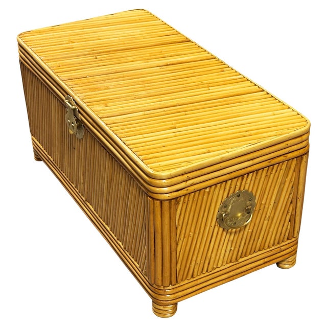 Chinese Restored Mid-Century Split Reed Rattan & Pine Trunk W/ Brass Paktong Latch For Sale - Image 3 of 13