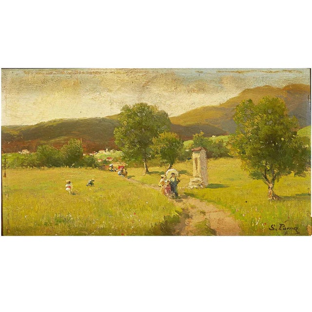 Silvio poma, mountain landscape with a walk on a path, from the late 19th century. Oil painting on poplar plywood,...