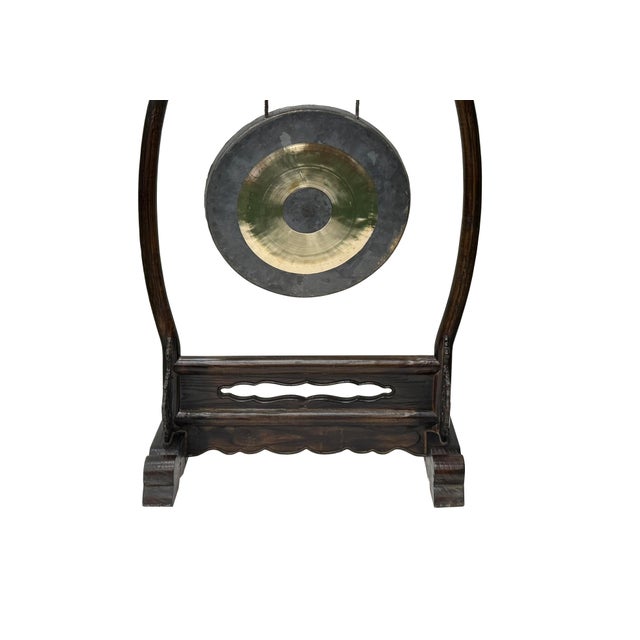 Wood Chinese Distressed Brown Dragon Head Wood Figure Gong Display Rack For Sale - Image 7 of 10