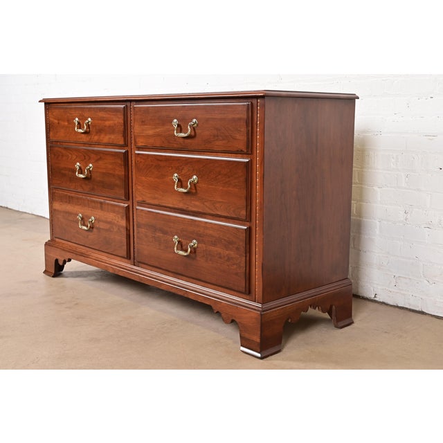 English Ethan Allen Georgian Solid Cherry Wood Double Dresser or Chest of Drawers, Newly Refinished For Sale - Image 3 of 12