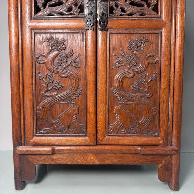 Asian 1990s Carved Hardwood Two-Door Cabinet With Plum Blossom Motifs For Sale - Image 3 of 9
